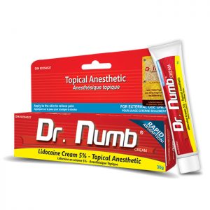 tube of Dr. Numb topical anesthetic leaning against box it comes in